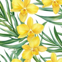 Obraz premium Watercolor Yellow Orchids and Tropical Leaves
