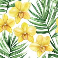 Obraz premium Vibrant Yellow Orchids and Palm Leaves