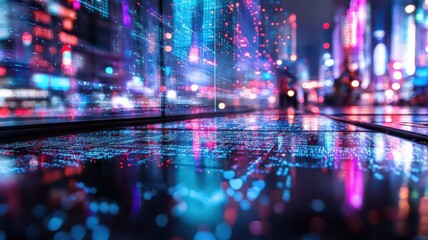 Fototapeta premium Vibrant holographic cityscape at night, illuminated by mesmerizing neon lights and futuristic architecture.