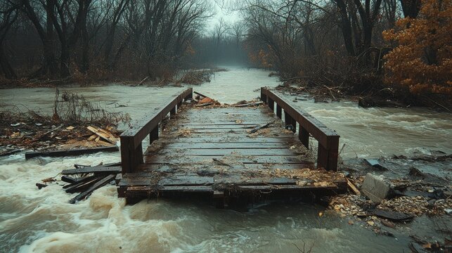 A Wooden Bridge Over a Flooded River in a Foggy Forest