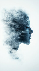 serene profile of woman surrounded by ethereal smoke, creating dreamlike atmosphere. soft hues and gentle lines evoke sense of calm and introspection
