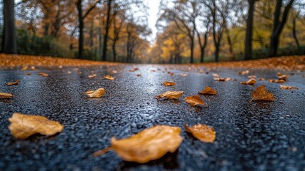 Fototapeta premium Dried leaves rest on a wet asphalt surface set against a backdrop of trees during an autumn morning in a park