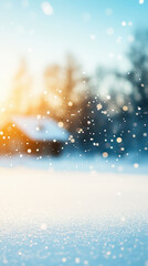 Naklejka premium serene winter scene featuring softly falling snowflakes against blurred background of trees and distant cabin. warm glow of sunlight adds magical touch to chilly atmosphere