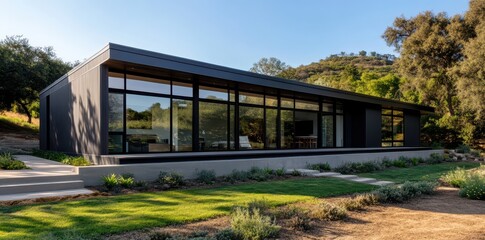 Fototapeta premium Modern sustainable architecture featuring sleek steel beams, blending industrial aesthetics with eco-friendly design.