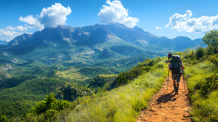 Rugged Hiking Trail Winding Through Tall Mountains with Hikers and Scenic Peaks, Perfect for Adventure and Nature Photography
