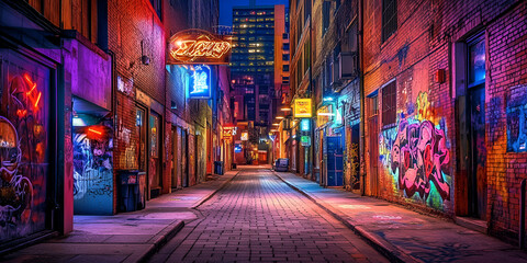 Fototapeta premium Colorful Neon Graffiti Alleyway at Night
