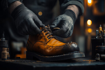 Shoemaker hands crafting expensive leather shoes on retro style workbench close up background..