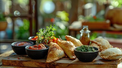 Gourmet Empanadas with Fresh Herbs and Dips on Wooden Board