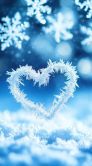 Naklejka premium heart shape made of frost and snowflakes on blue background, evoking winter wonderland feeling. Perfect for seasonal themes