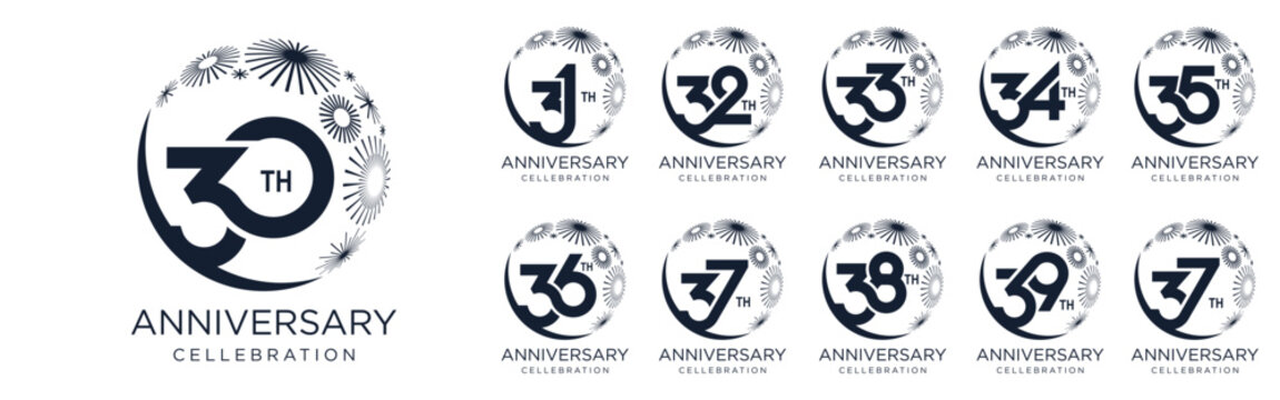 set of 30 to 39th anniversary logotype design, with black color fireworks for celebration event, wedding, and birthday, vector illustration