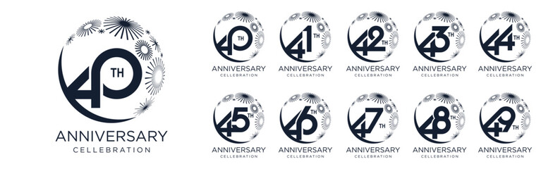 set of 40 to 49th anniversary logotype design, with black color fireworks for celebration event, wedding, and birthday, vector illustration