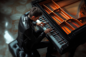 .Pianist playing on antique piano background..