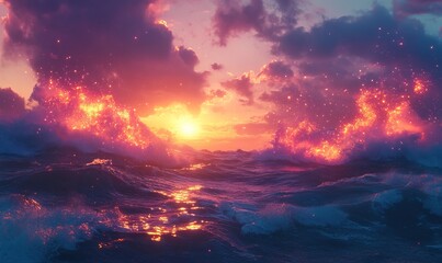 Naklejka premium A stunning digital landscape featuring a vibrant sunset over rolling waves, infused with bright, glowing particles in the atmosphere