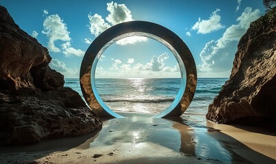 Fototapeta premium A captivating circular frame overlooking a shimmering beach, capturing the essence of nature's beauty and tranquility