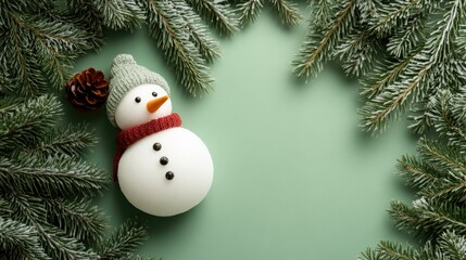 Adorable snowman decoration surrounded by pine branches on a soft green backdrop perfect for festive holiday themes with ample space for text