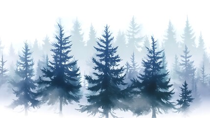 Fototapeta premium Watercolor Forest with Pine Trees in a Foggy Atmosphere, Isolated on White Background, Ideal for Clip Art and Nature-Themed Designs in a Soft, Natural Style