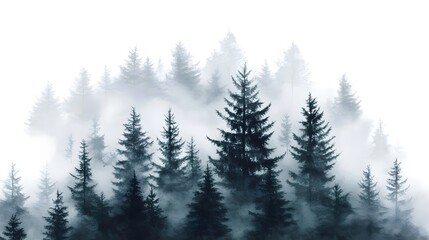 Watercolor Forest with Pine Trees in a Foggy Atmosphere, Isolated on White Background, Ideal for Clip Art and Nature-Themed Designs in a Soft, Natural Style