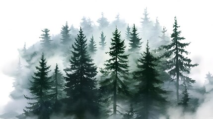 Fototapeta premium Watercolor Forest with Pine Trees in a Foggy Atmosphere, Isolated on White Background, Ideal for Clip Art and Nature-Themed Designs in a Soft, Natural Style