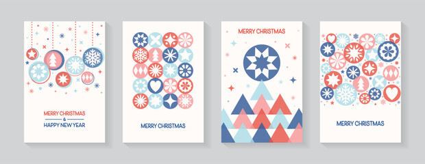 Christmas greeting card set in modern style. Christmas ball, tree and snowflakes. Vector illustration