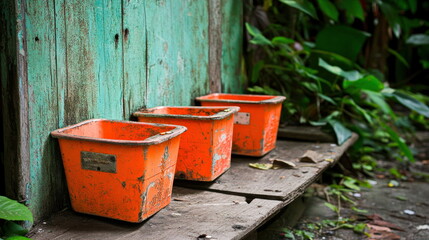 Naklejka premium Vibrant orange planters adorning a rustic wooden surface with lush greenery surrounding them