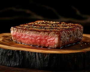 Perfectly Cooked Medium-Rare Steak Slice with Cracked Pepper on Rustic Wooden Board, Juicy, Tender, and Flavorful, Delicious Steak Photography