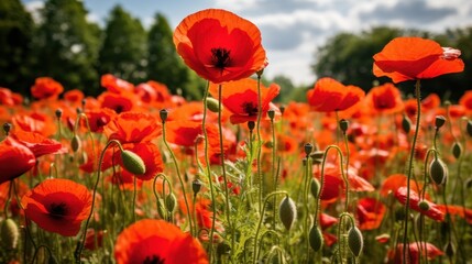 Obraz premium Red poppy flowers in a green field under a blue sky with clouds. French Guiana Armistice Day.