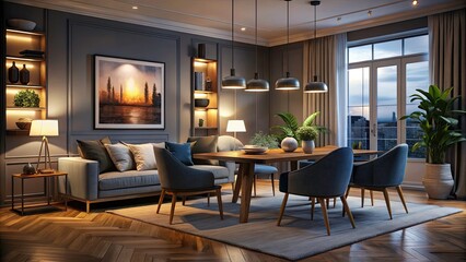 Modern Living Room Interior at Night with Dining Table, Armchair, and Mockup Frame - Elegant Home Design, Cozy Atmosphere, Stylish Decor, Interior Inspiration