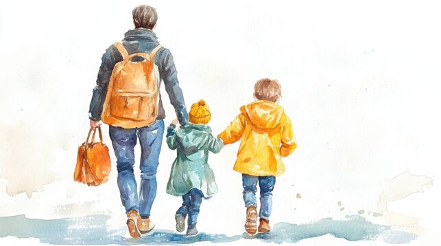 Family Bonding Time: Watercolor Illustration of Parent and Children Walking. National Parents as Teachers Day