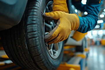 Worker at tire fitting auto service checking tire for puncture close up background.