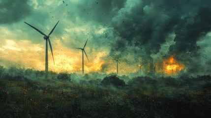 Wind Turbines in a Field with a Stormy Sky and Fire