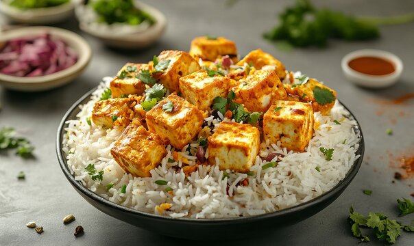 paneer biryani with marinated cottage cheese and basmati rice. Indian Cuisine, Vegetarian Dish, Gourmet Meal, Delicious Food
