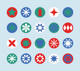Colourful Christmas ball icon set. Snowflakes and stars. Ornaments. Vector illustration