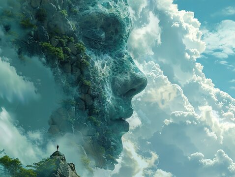 Surreal Landscape with a Human Face in the Clouds