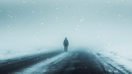 A solitary figure walking on a snowy road in a foggy landscape