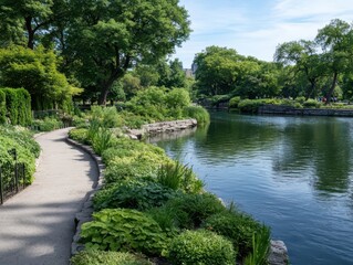 Tranquil riverside park showcasing vibrant greenery and serene natural beauty for relaxation and enjoyment.