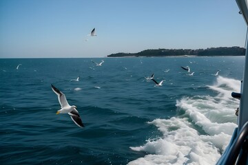 Naklejka premium Seagulls accompanying a passenger ship running through the spray of water