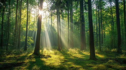 Fototapeta premium Gentle sunlight streaming through the trees in a serene woodland environment
