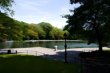 A well-maintained park with a lake surrounded by lush trees
