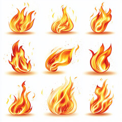 Realistic fiery flame illustrations set on white background