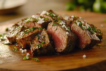 Perfectly Seared Medium-Rare Steak with Charred Crust and Herb Sprinkle on Wooden Board, Close-Up View of Juicy, Tender Sliced Steak