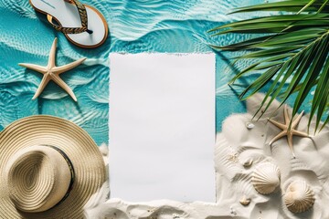 Naklejka premium A top-down view of a blank paper set on soft white sand, perfectly complemented by a serene blue