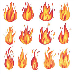 Realistic fiery flame illustrations set on white background