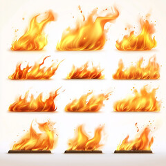 Realistic fiery flame illustrations set on white background
