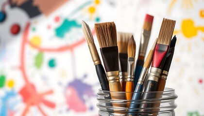 Fototapeta premium Paintbrushes in a Jar on a Colorful Background,