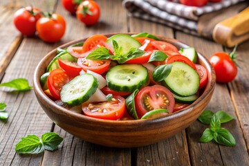 A bowl of salad with tomatoes, cucumbers, and herbs on a wooden table