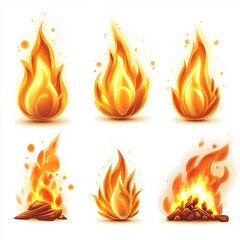 Realistic fiery flame illustrations set on white background