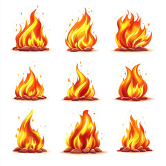 Realistic fiery flame illustrations set on white background