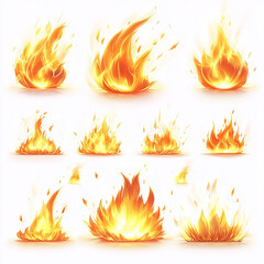 Realistic fiery flame illustrations set on white background
