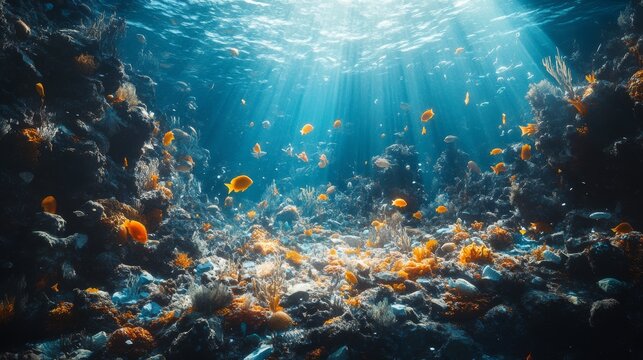 Sunbeams Illuminate a Vibrant Underwater Reef with Orange Fish