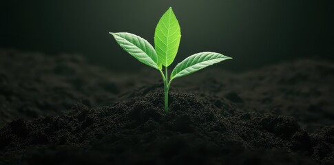 Naklejka premium New Seedling Emerges from Wild Soil, Fresh Leaves Reaching Upward Towards the Sun